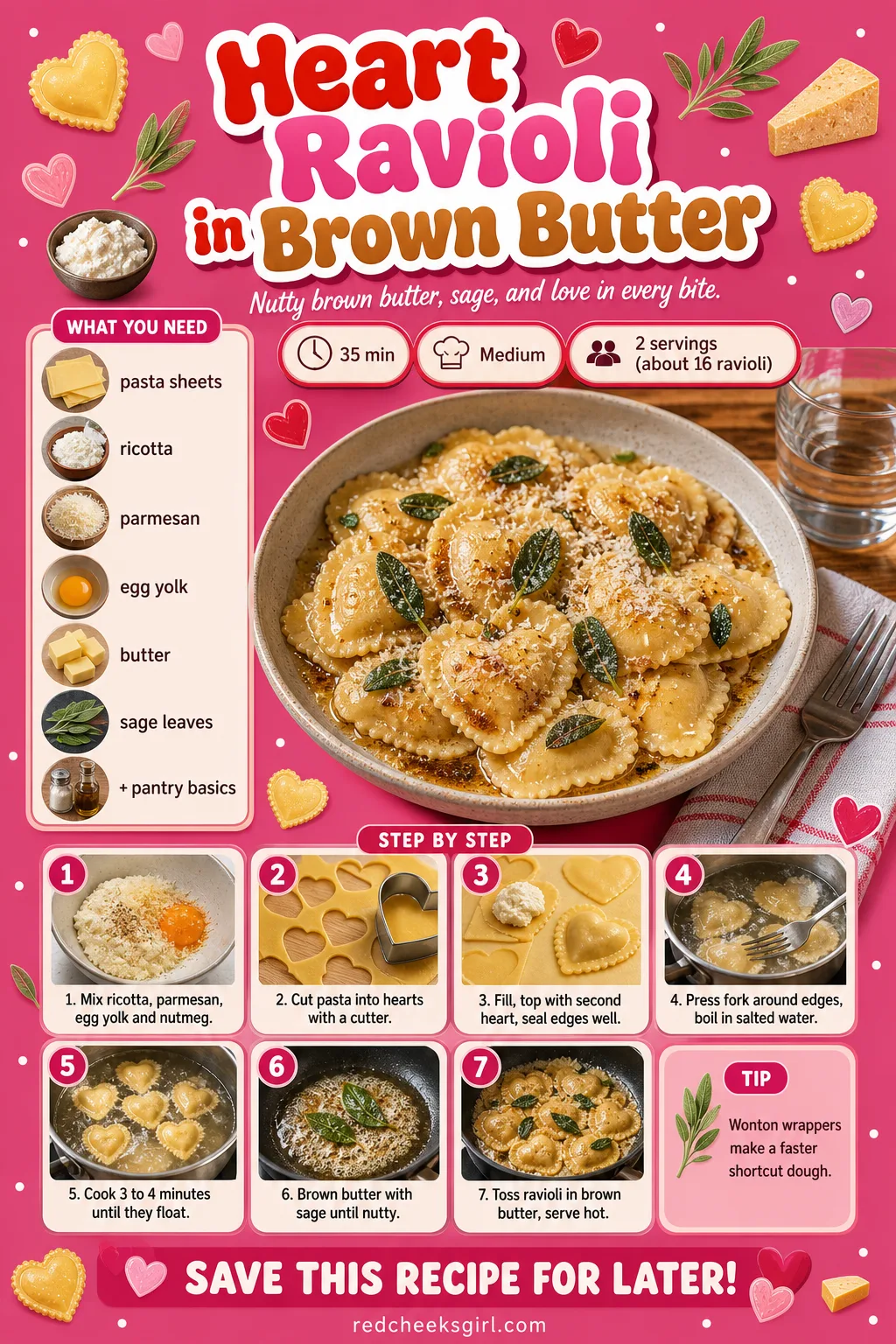 Heart Ravioli in Brown Butter Recipe Card printable sheet. Valentine dinner ideas
