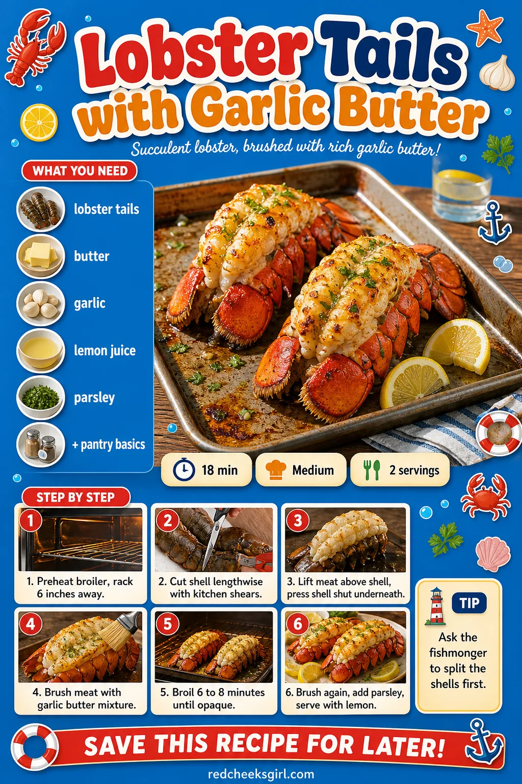 Lobster Tails with Garlic Butter Recipe Card printable sheet. Valentine dinner ideas