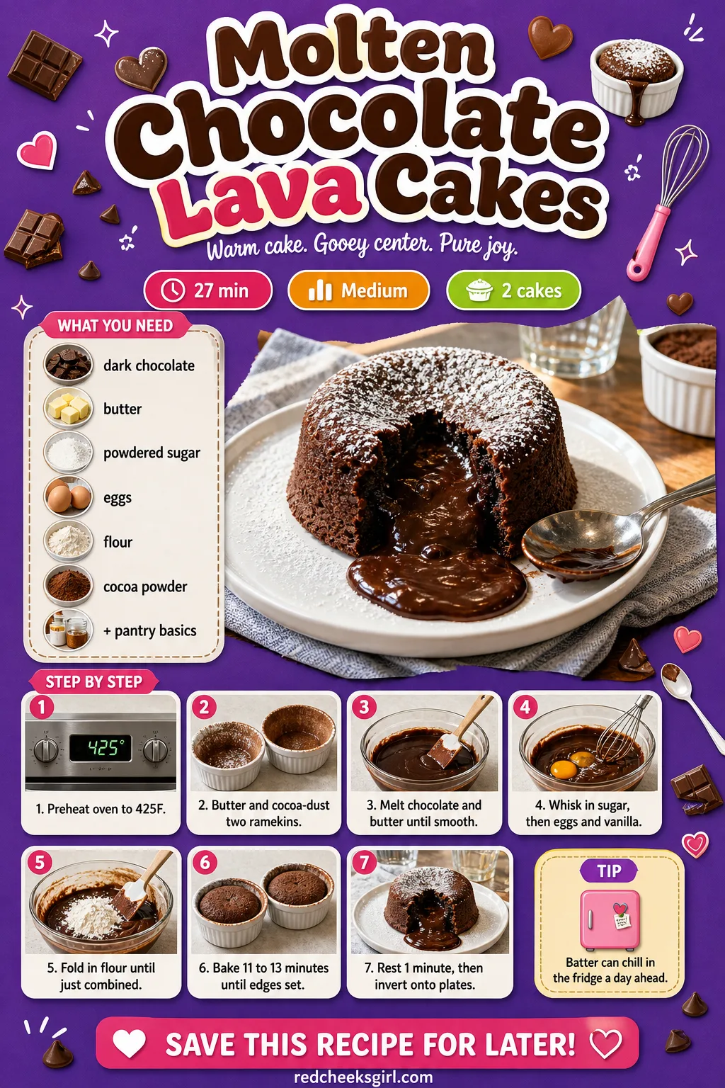 Molten Chocolate Lava Cakes Recipe Card printable sheet. Valentine dinner ideas