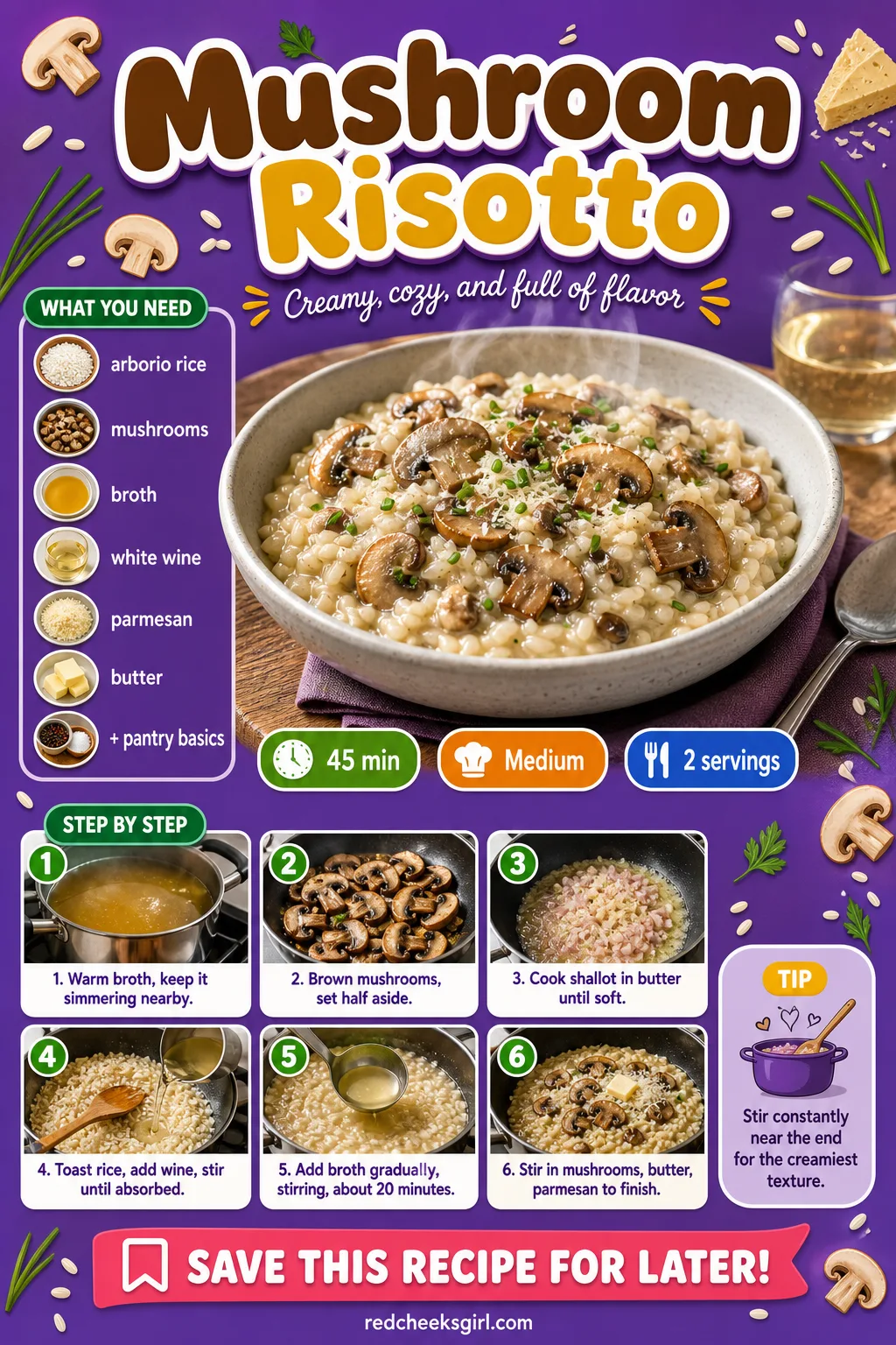 Mushroom Risotto Recipe Card printable sheet. Valentine dinner ideas