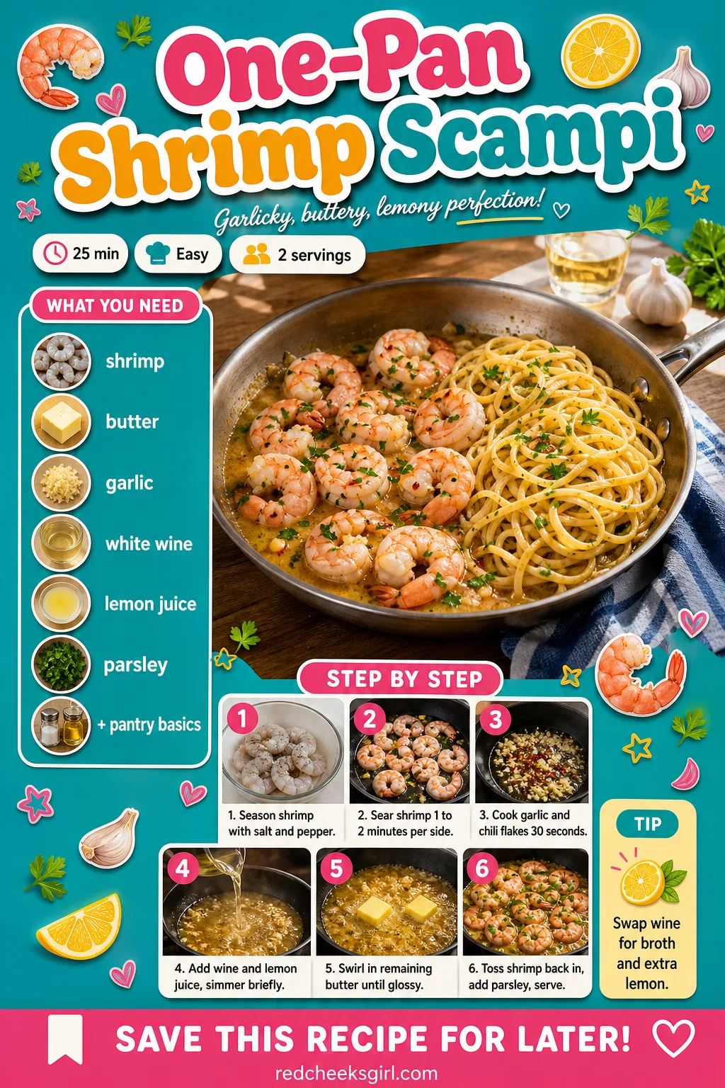 One-Pan Shrimp Scampi Recipe Card printable sheet. Valentine dinner ideas