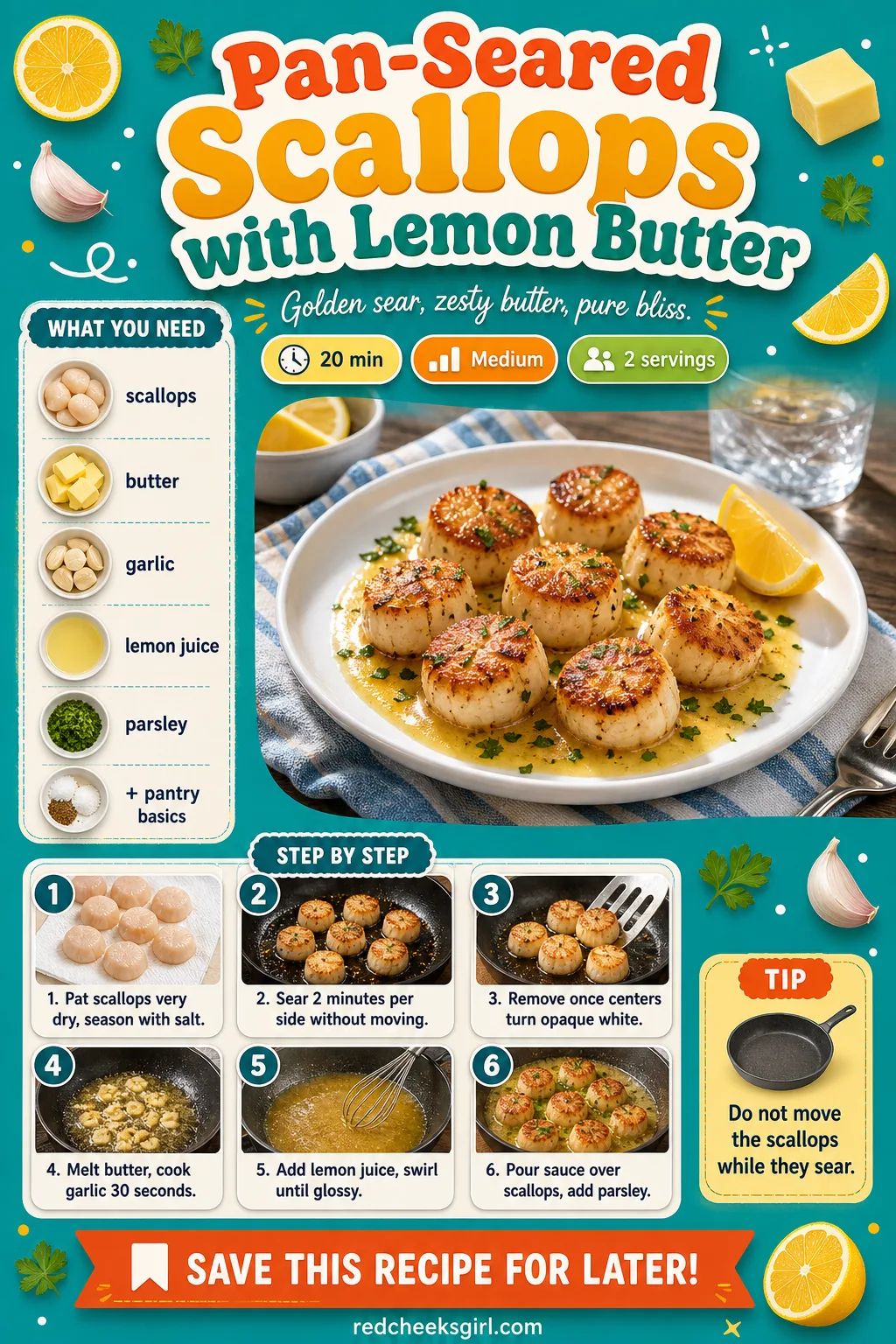 Pan-Seared Scallops with Lemon Butter Recipe Card printable sheet. Valentine dinner ideas