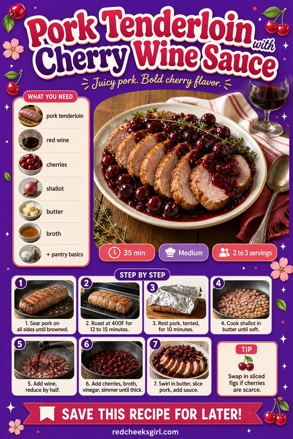 Pork Tenderloin with Cherry Wine Sauce Recipe Card printable sheet. Valentine dinner ideas