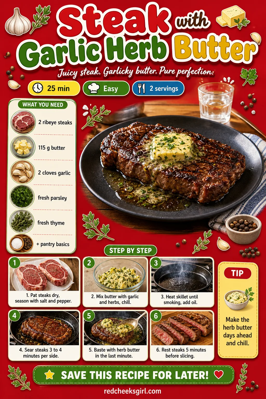 Steak with Garlic Herb Butter Recipe Card printable sheet. Valentine dinner ideas