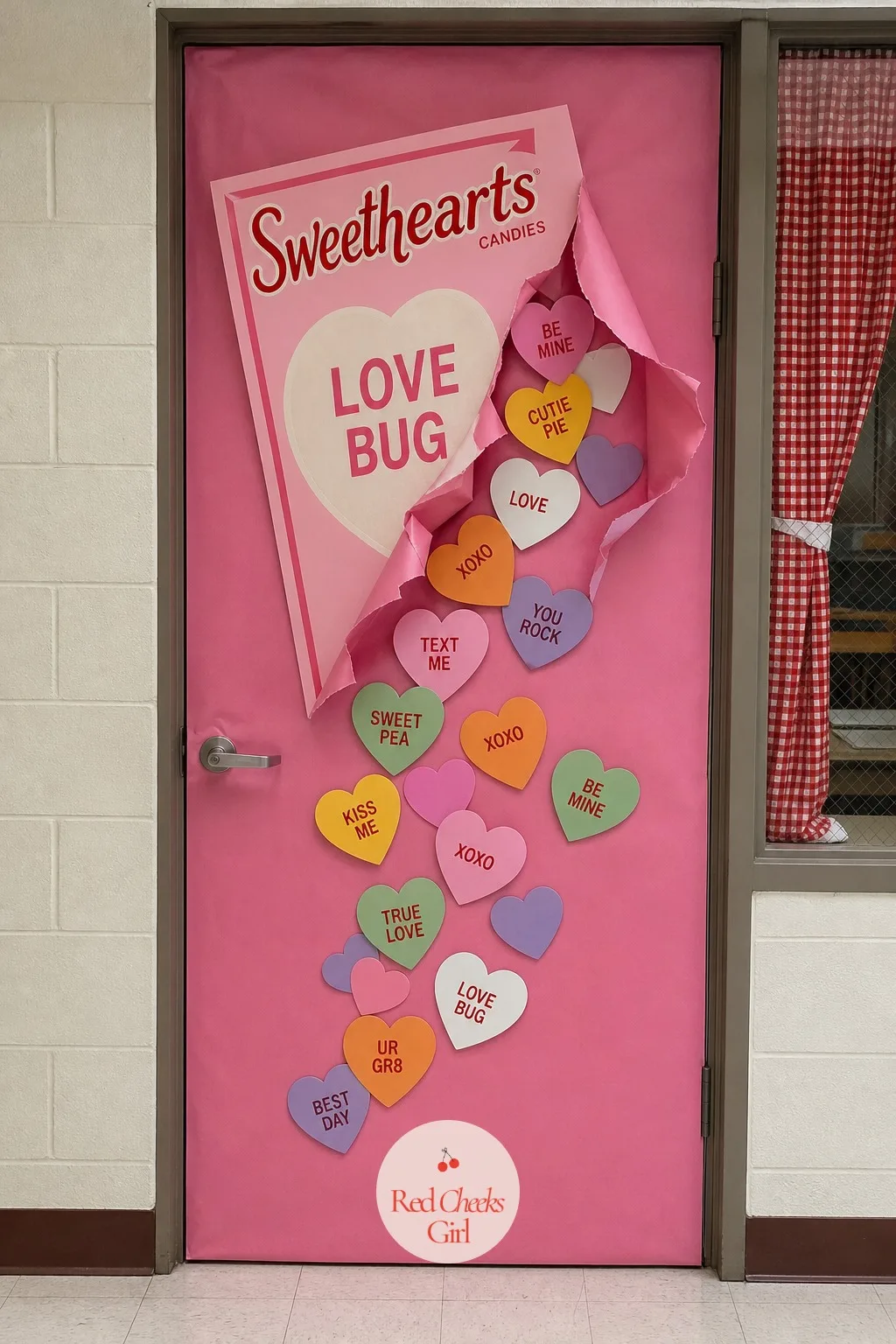 Giant Box of Sweethearts Door — Flatten a large cardboard box over the door and wrap it in pink butcher paper so it reads as one oversized candy box, label and
