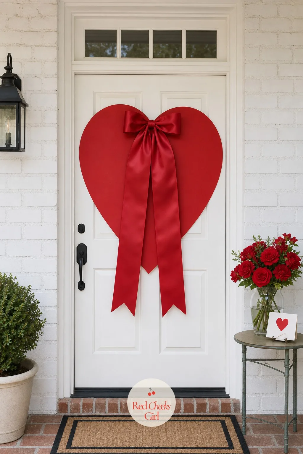 Giant Paper Heart with Satin Bow — One heart, properly oversized, does more work than a dozen small ones scattered about. Valentine door decorations
