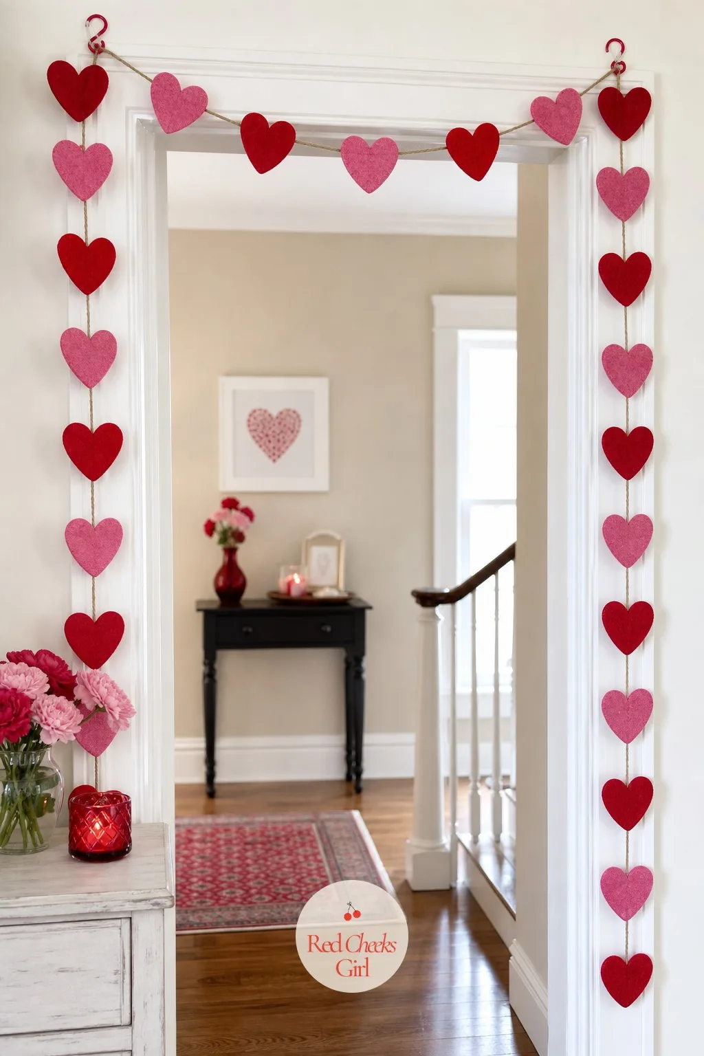 Heart Garland Arch Around the Frame — A bare door frame says nothing on its own. Valentine door decorations