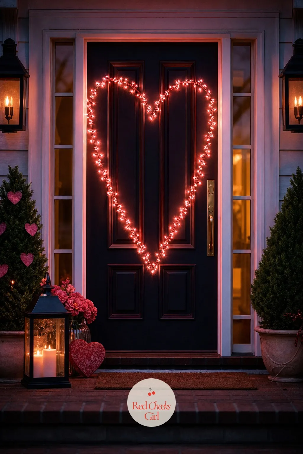 Heart Outline String Lights Around the Frame — Once it gets dark, this is the one that actually gets noticed. Valentine door decorations