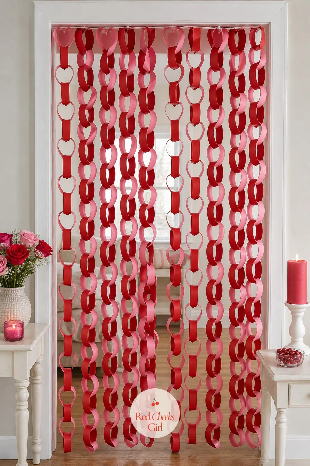 Paper Heart Chain Curtain Door — Linked paper chains read as more effort than they actually take, which is the whole appeal. Valentine door decorations