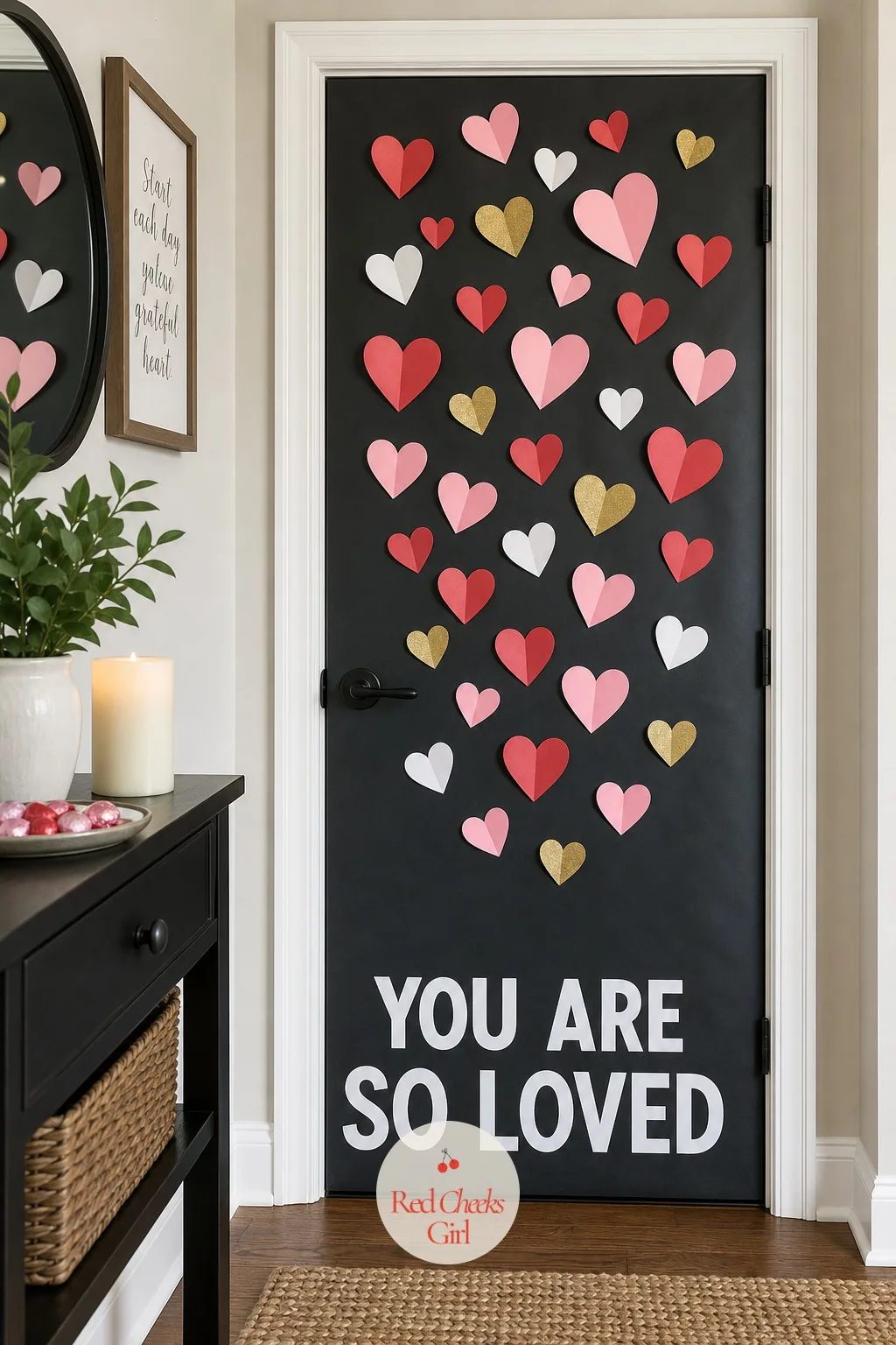 "You Are So Loved" Heart Collage Door — Against a plain door, a black paper backing makes every color on top of it look twice as saturated. Valentine door