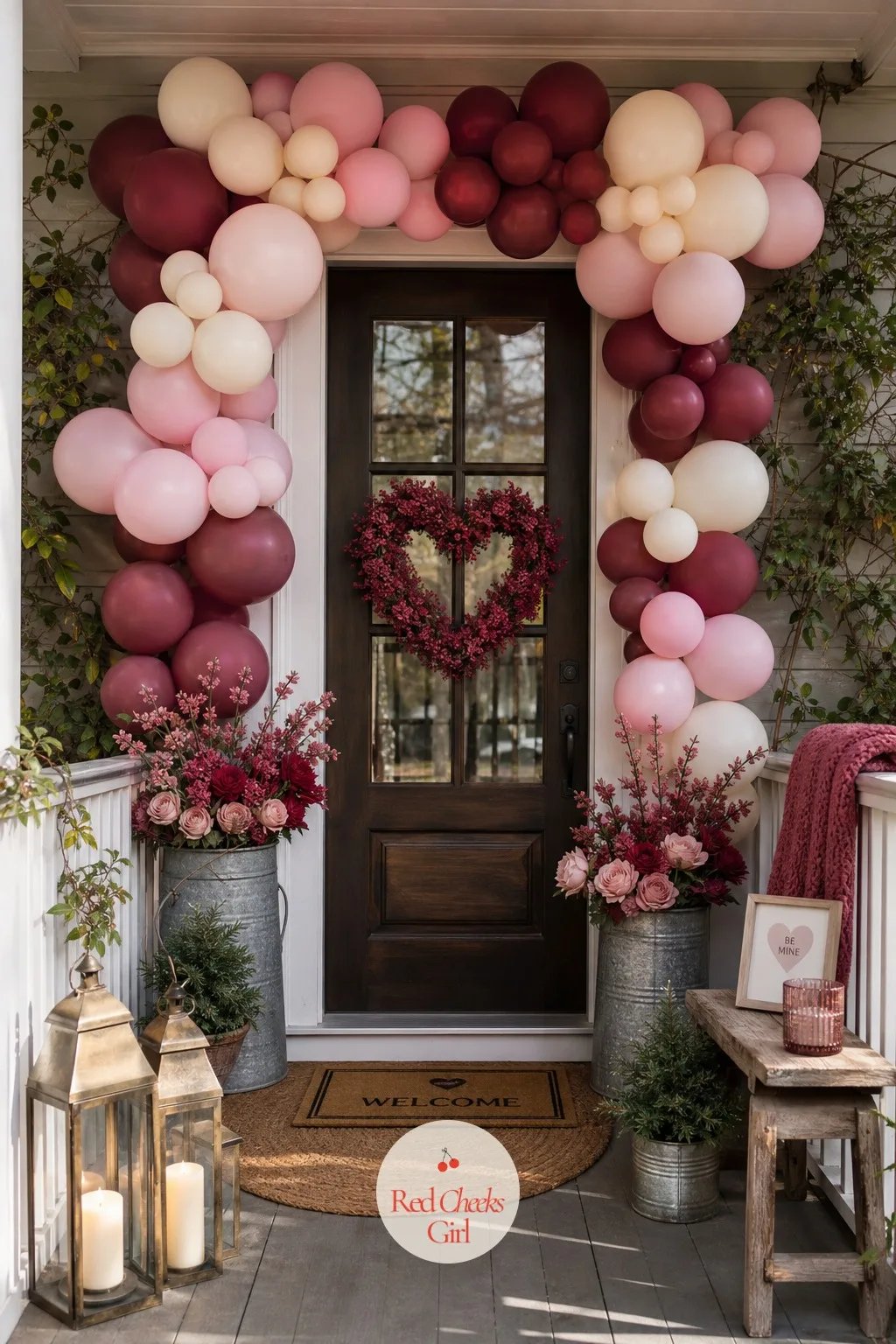 Balloon Garland Around the Door Frame — A single balloon bunch by the mailbox reads as an afterthought. Valentine front porch