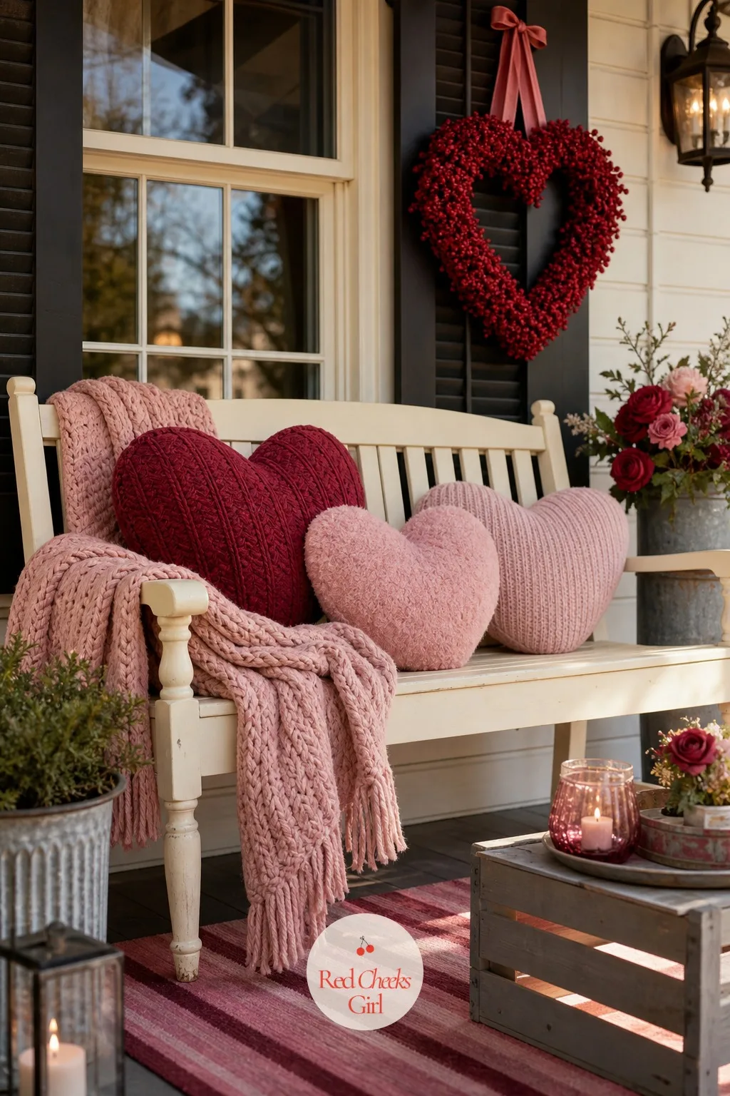 Bench with Heart Pillows and a Throw — An empty bench photographs as furniture. Valentine front porch