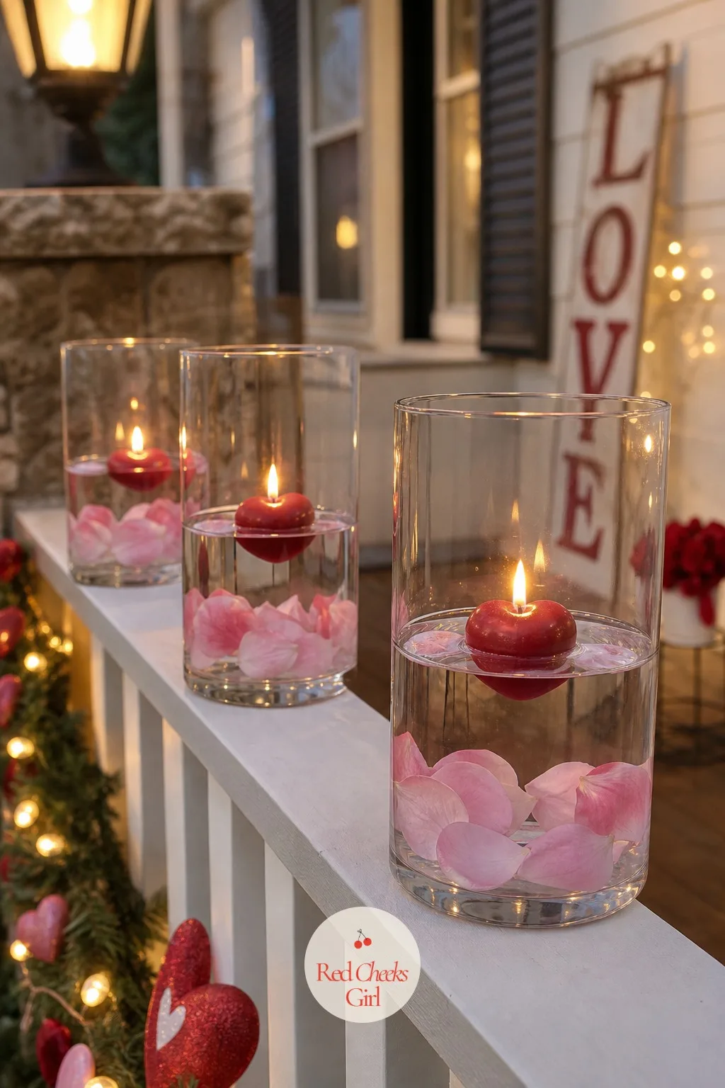 Floating Heart Candles in Hurricane Vases — A railing cap left bare looks unfinished once everything else on the porch is lit. Valentine front porch