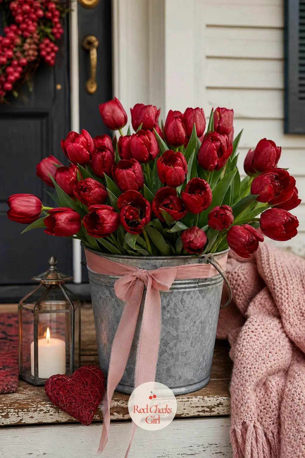 Galvanized Bucket of Red Tulips — A single oversized container at the top step reads as more generous than two small pots, and tulips give it movement a