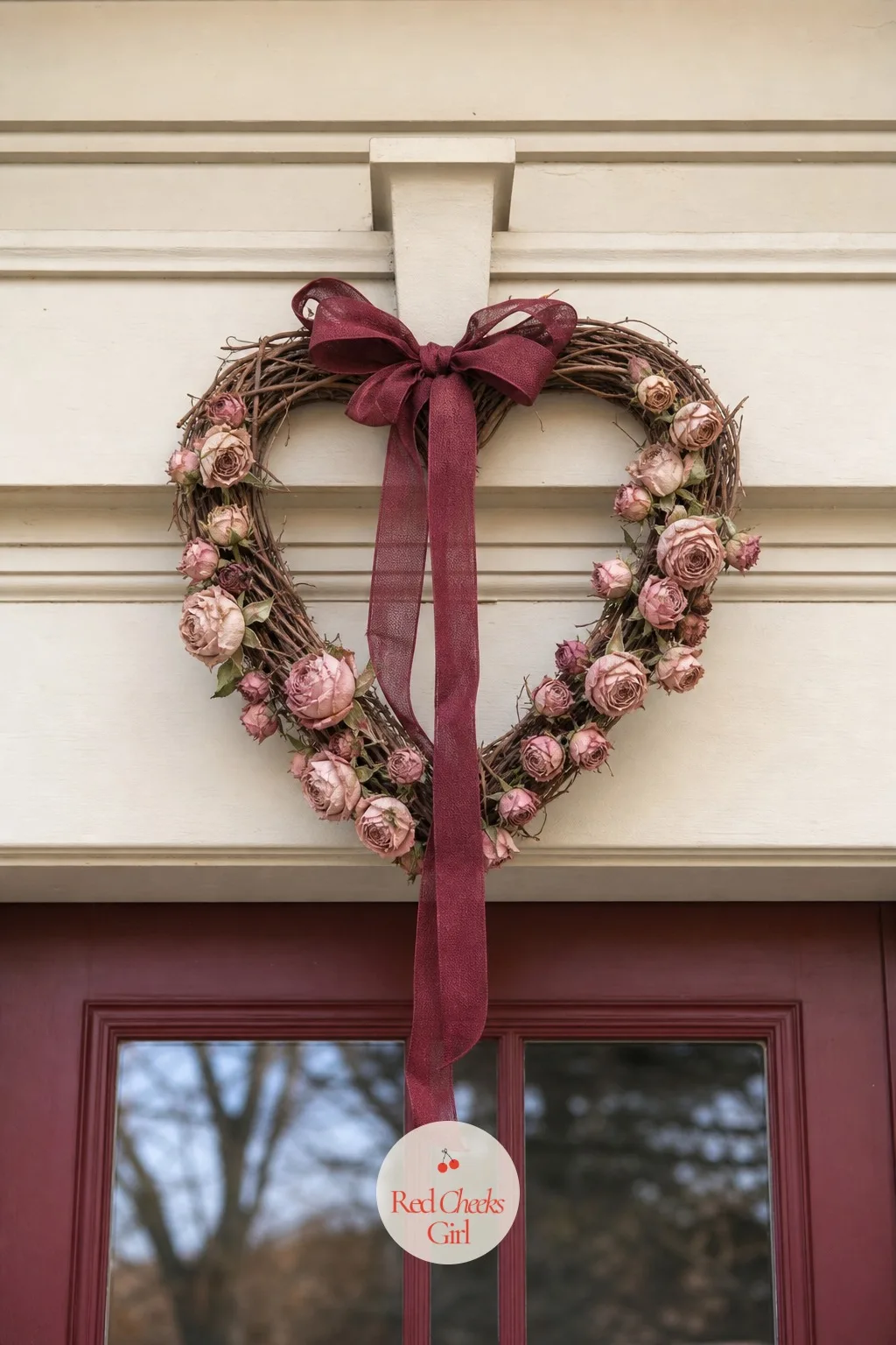 Grapevine Heart Swag Over the Door — For a porch that wants romance without looking like a party supply aisle, a woven heart swag sits above the door frame