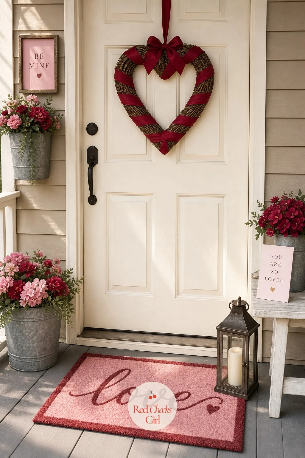 Heart Wreath with a Matching Doormat — A plain wreath on a plain mat says nothing. Valentine front porch