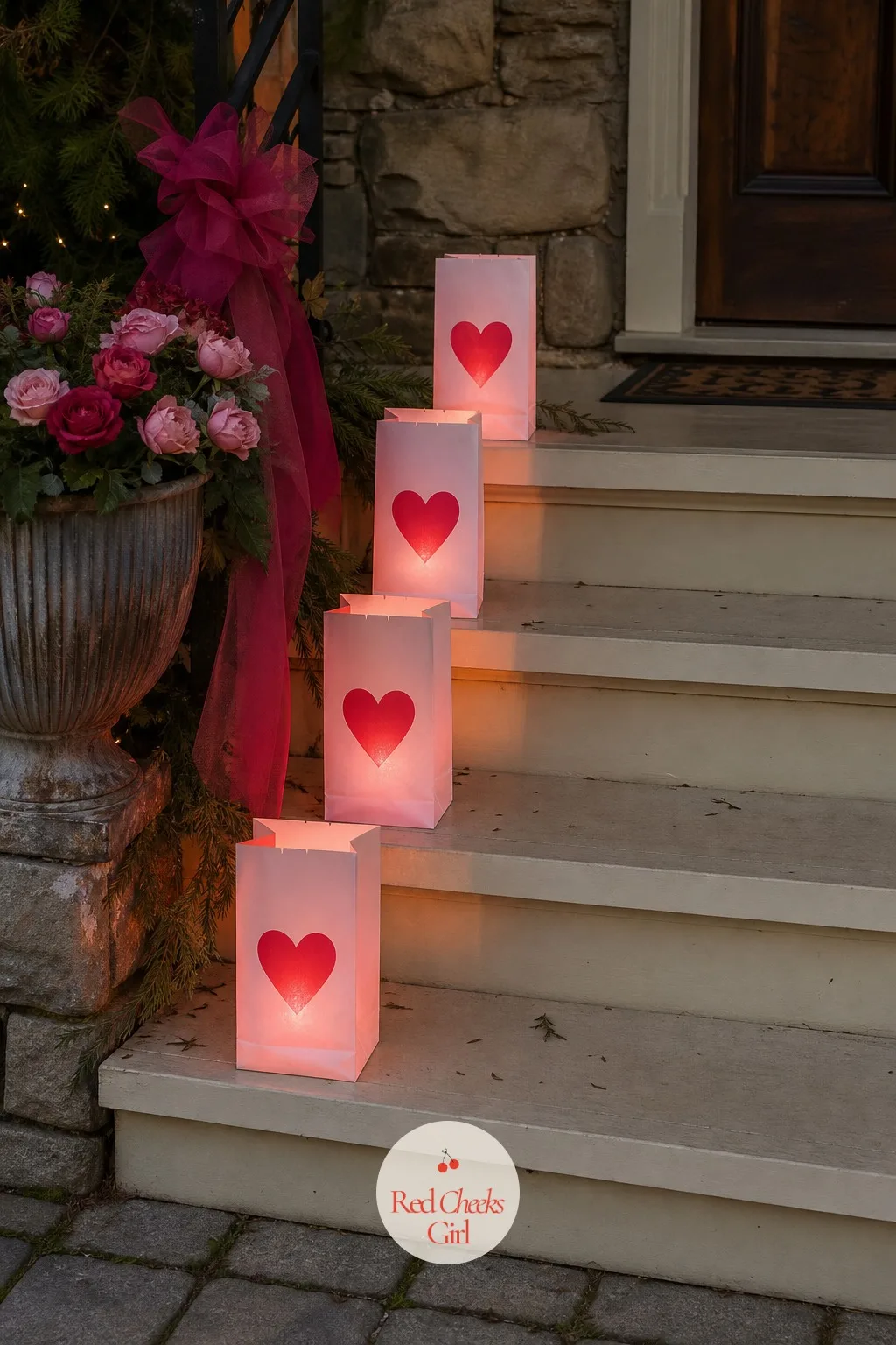 Heart-Cutout Paper Luminaries Along the Steps — Steps in the dark are a trip hazard before they are a design opportunity, so lighting them does double duty.