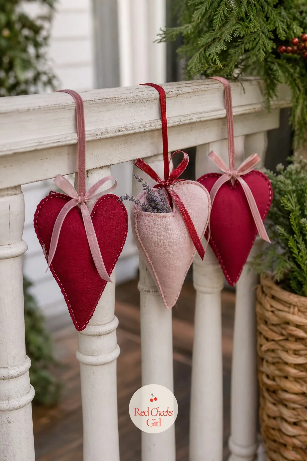 Heart-Shaped Sachet Bundles Tied to the Railing — Most porch decorations only work for the eyes. Valentine front porch