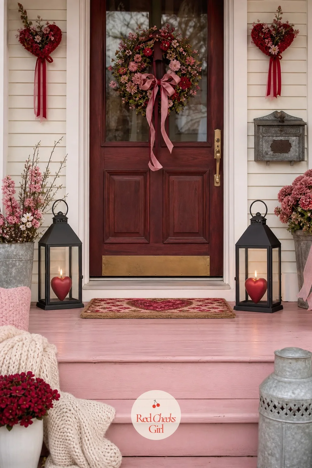 Lanterns with Heart Candles — A porch that disappears the moment the sun sets has only half a look. Valentine front porch