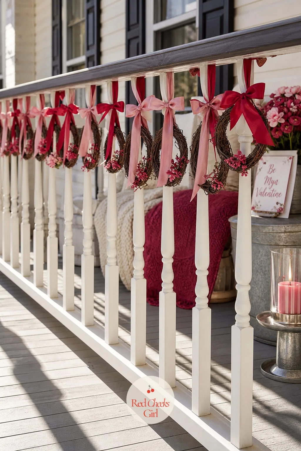 Mini Wreaths on Every Railing Spindle — A railing left bare makes the steps feel like the forgotten half of the porch. Valentine front porch