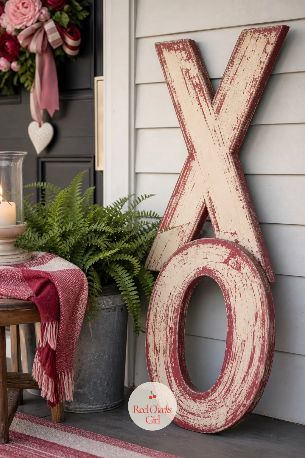 Oversized XO Sign — A porch with no vertical anchor feels flat from the sidewalk, no matter how many small things sit on it. Valentine front porch