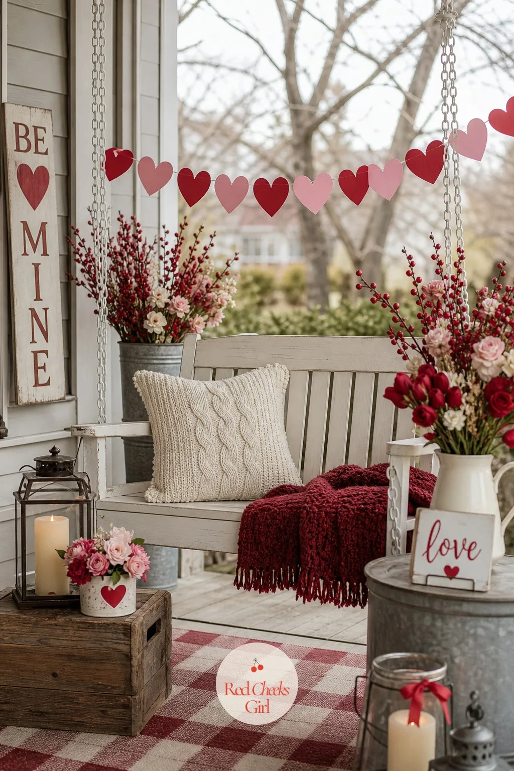 Porch Swing with a Heart Bunting — A porch swing already does most of the romantic work on its own. Valentine front porch