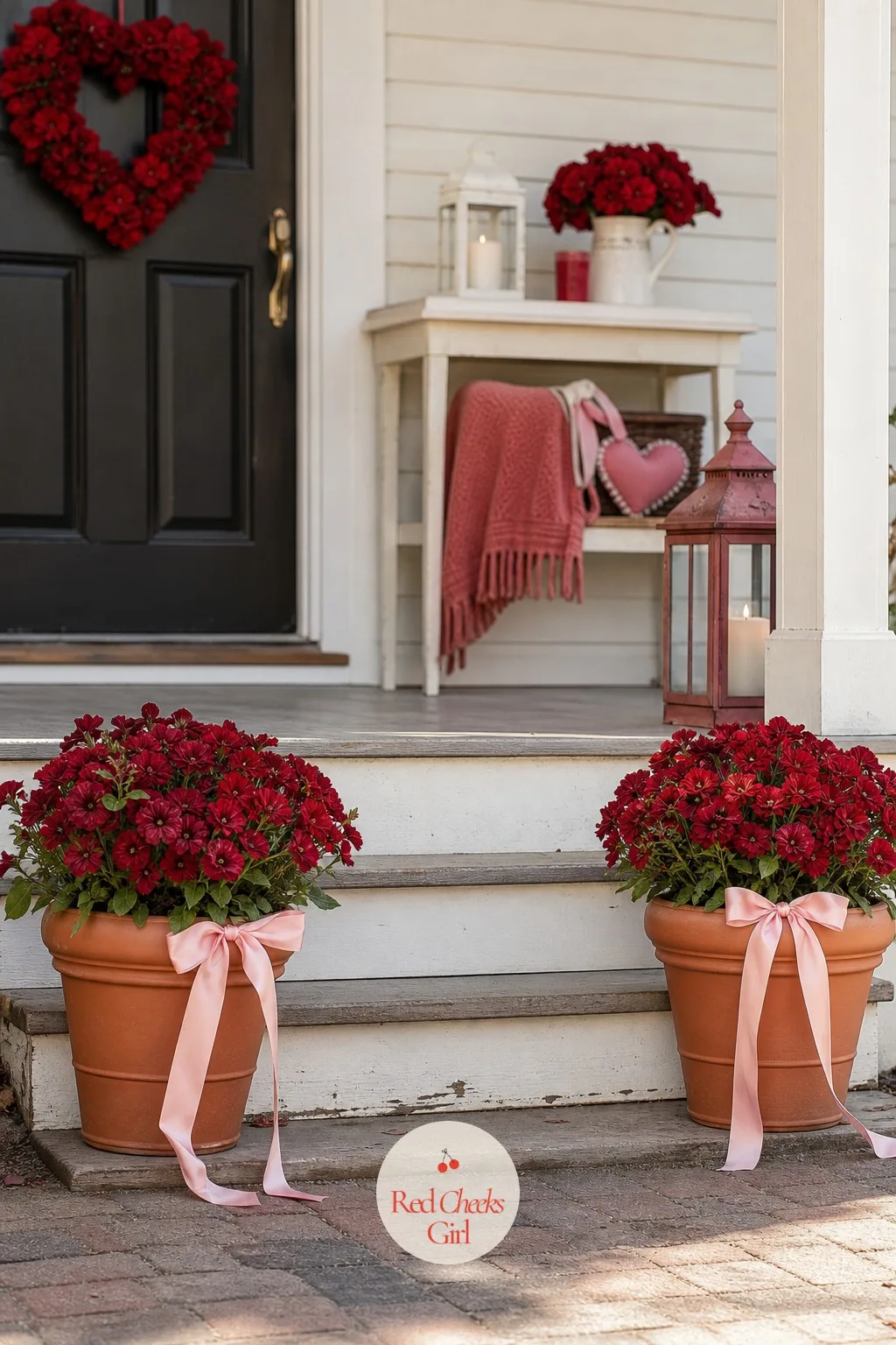 Potted Red Flowers by the Steps — Bare steps are the one part of the porch that looks unfinished no matter what happens at the door. Valentine front porch