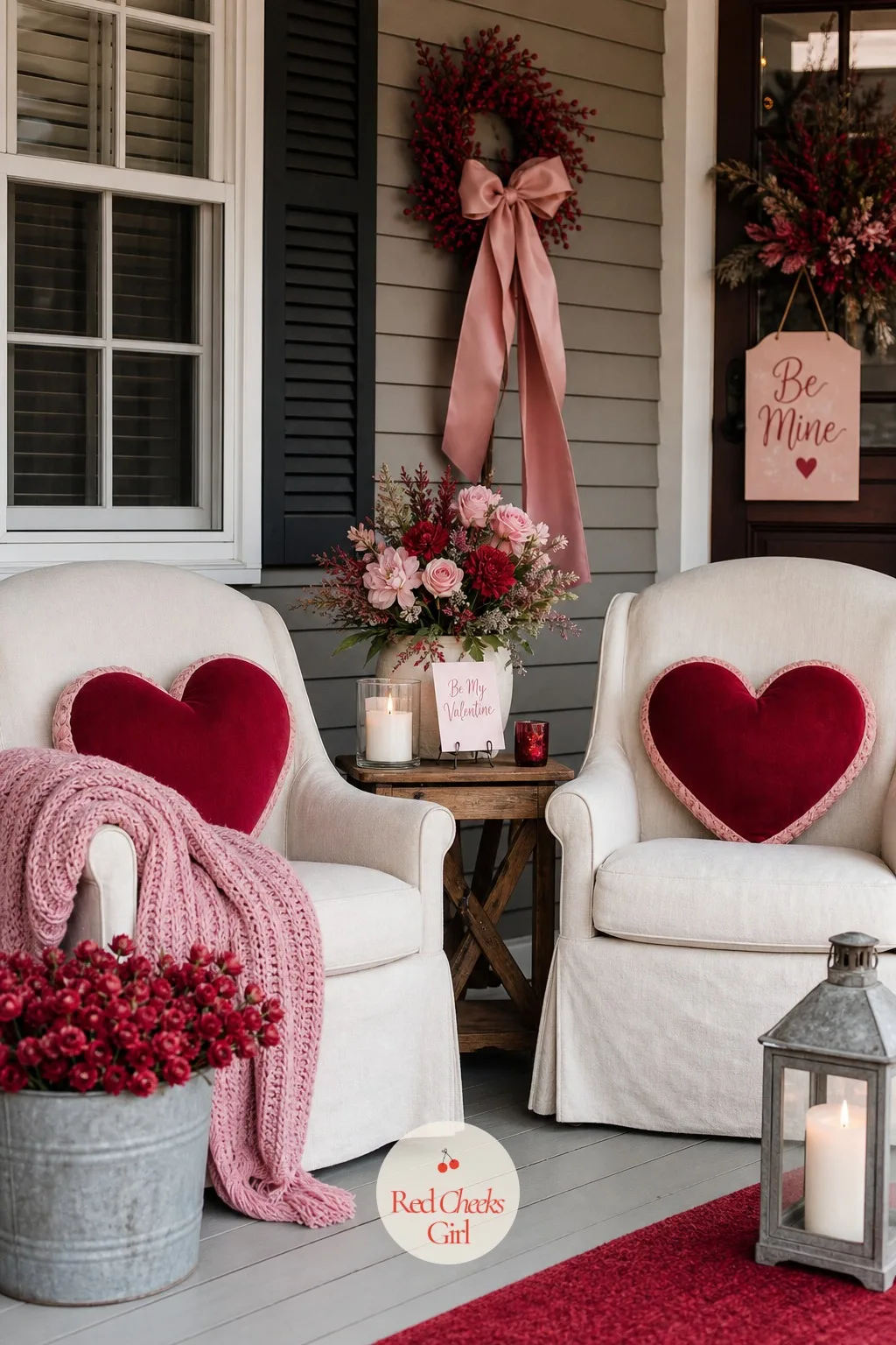 Slipcovered Chairs with Heart Cushions — Two chairs facing each other say something a bench cannot: that this porch is built for conversation, not just for