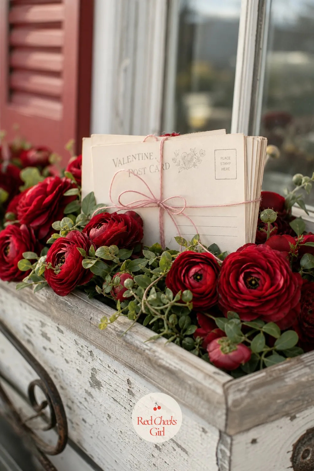 Stack of Vintage Valentine Postcards in the Window Box — A window box full of only flowers starts to blend into the rest of the porch after the first glance.