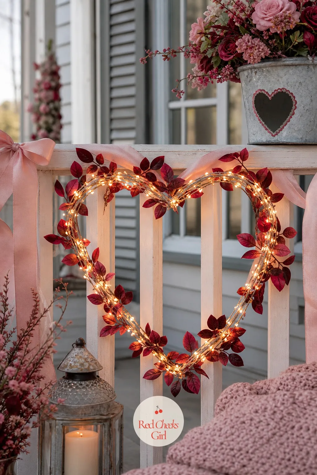 String-Light Heart on the Railing — Plain string lights looped along a railing read as generic twinkle, nothing specific to the day. Valentine front porch