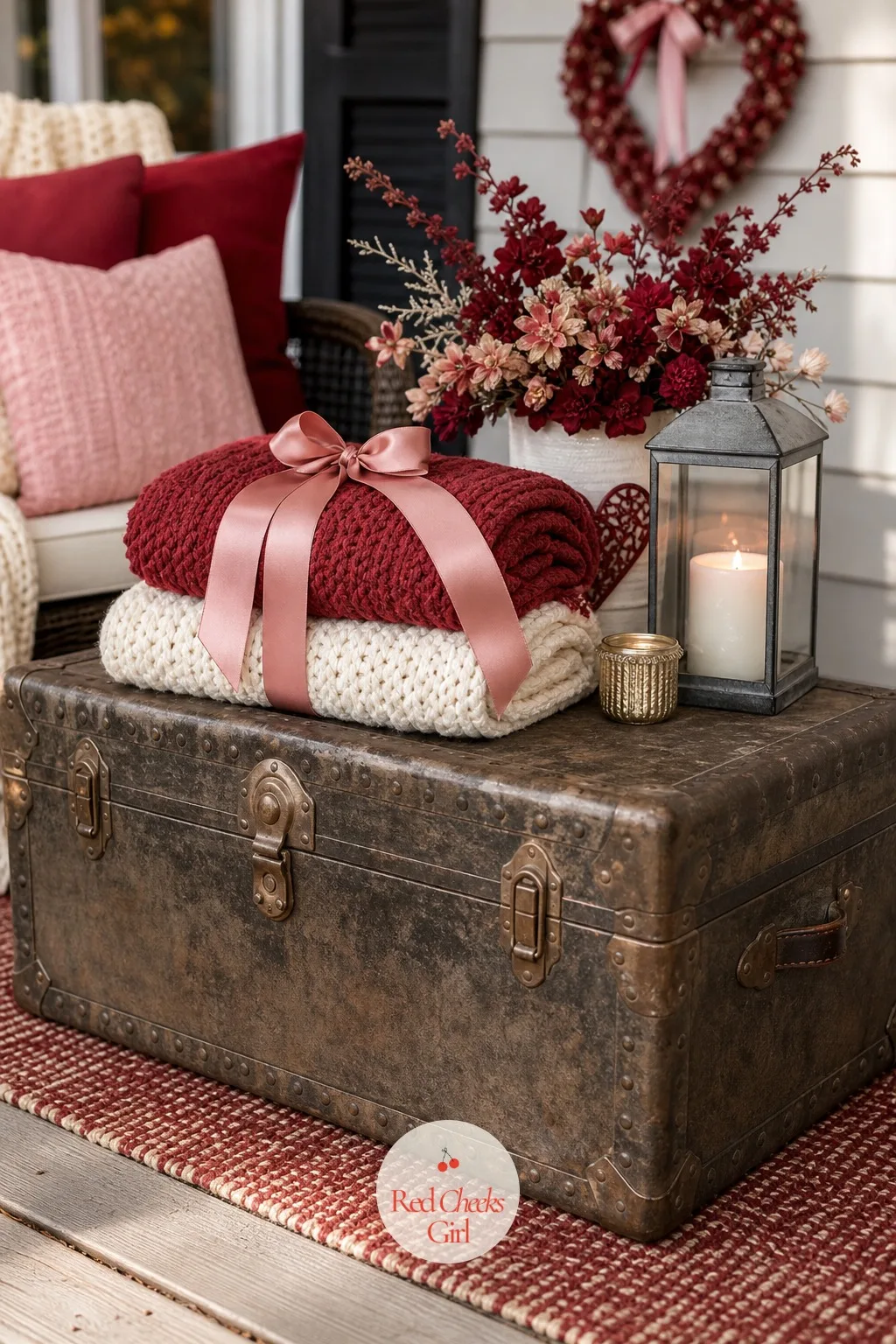 Vintage Trunk Coffee Table with Folded Blankets — A bare porch floor between two seats leaves a gap that nothing fills. Valentine front porch