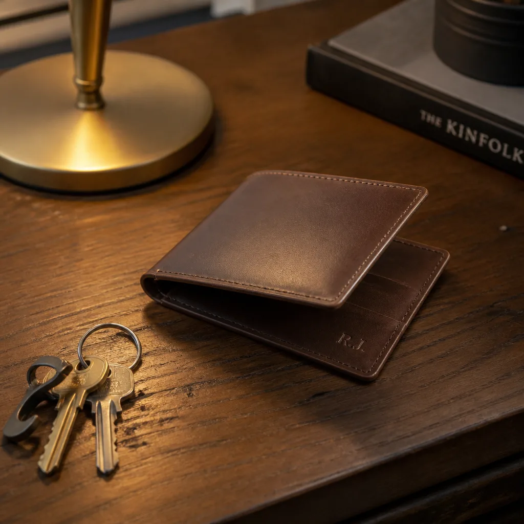 Engraved Leather Wallet — His current wallet is probably falling apart and he has not mentioned it once. Valentine gifts for boyfriend