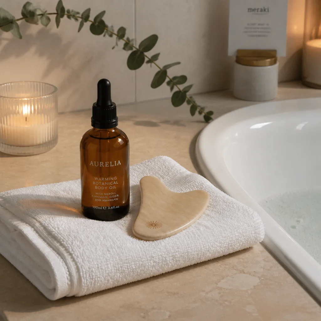 Body Oil Gua Sha Set — A bottle of warming body oil paired with a smooth wooden gua sha tool, sold together so the ritual is built in rather than improvised.