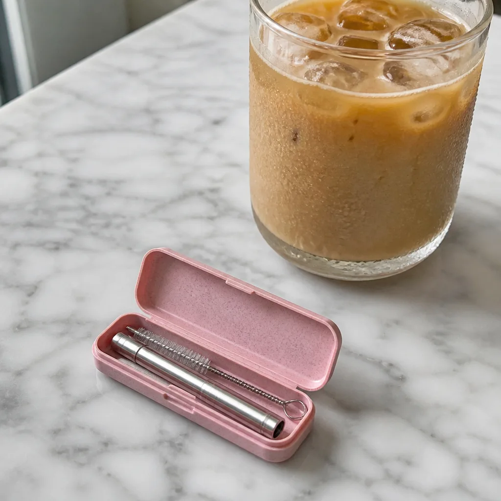 Collapsible Reusable Straw — A stainless steel straw that telescopes down into a small case with a silicone tip and a tiny cleaning brush, light enough to live