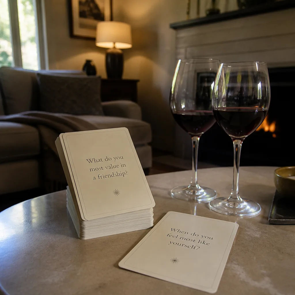Cozy Night In Card Game — A small deck of conversation or connection cards meant for two people, used over dinner or with a glass of wine rather than competing