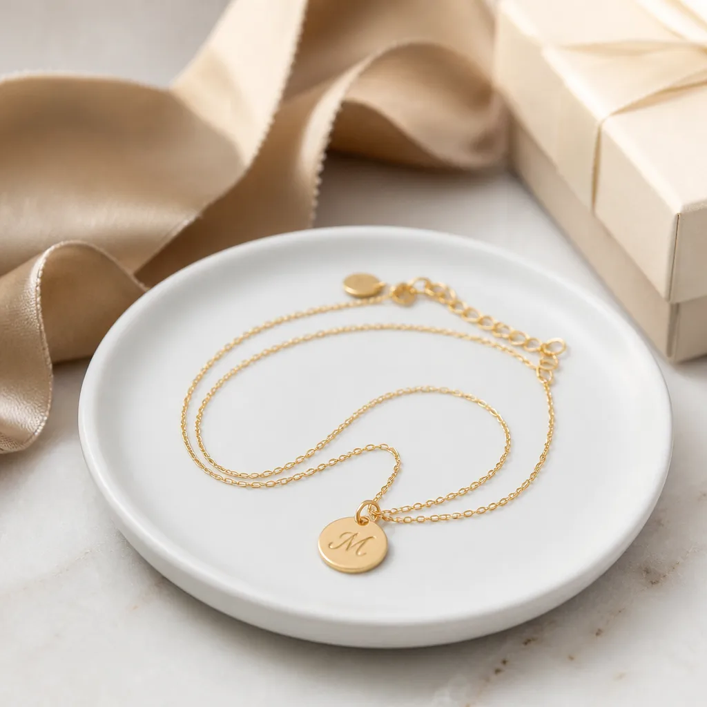 Engraved Initial Necklace — A delicate chain with a small engraved initial or date, simple enough to wear with everything and specific enough that it could