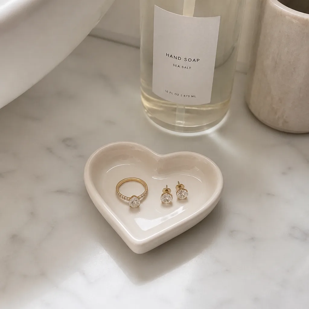 Heart Trinket Dish — A small ceramic dish in a heart shape, meant to catch rings and earrings by the sink or on a nightstand. Valentine gifts for girlfriend