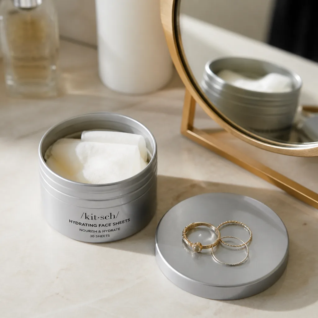 Hyaluronic Acid Face Sheet Tin — A reusable metal tin holding a handful of face sheets soaked in hyaluronic acid and niacinamide, meant for a quick hydration