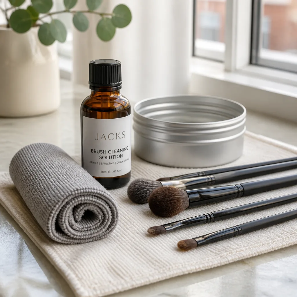Makeup Brush Cleaner Set — A concentrated brush cleaning solution with a microfibre drying cloth and a small tin, built for someone who actually washes her