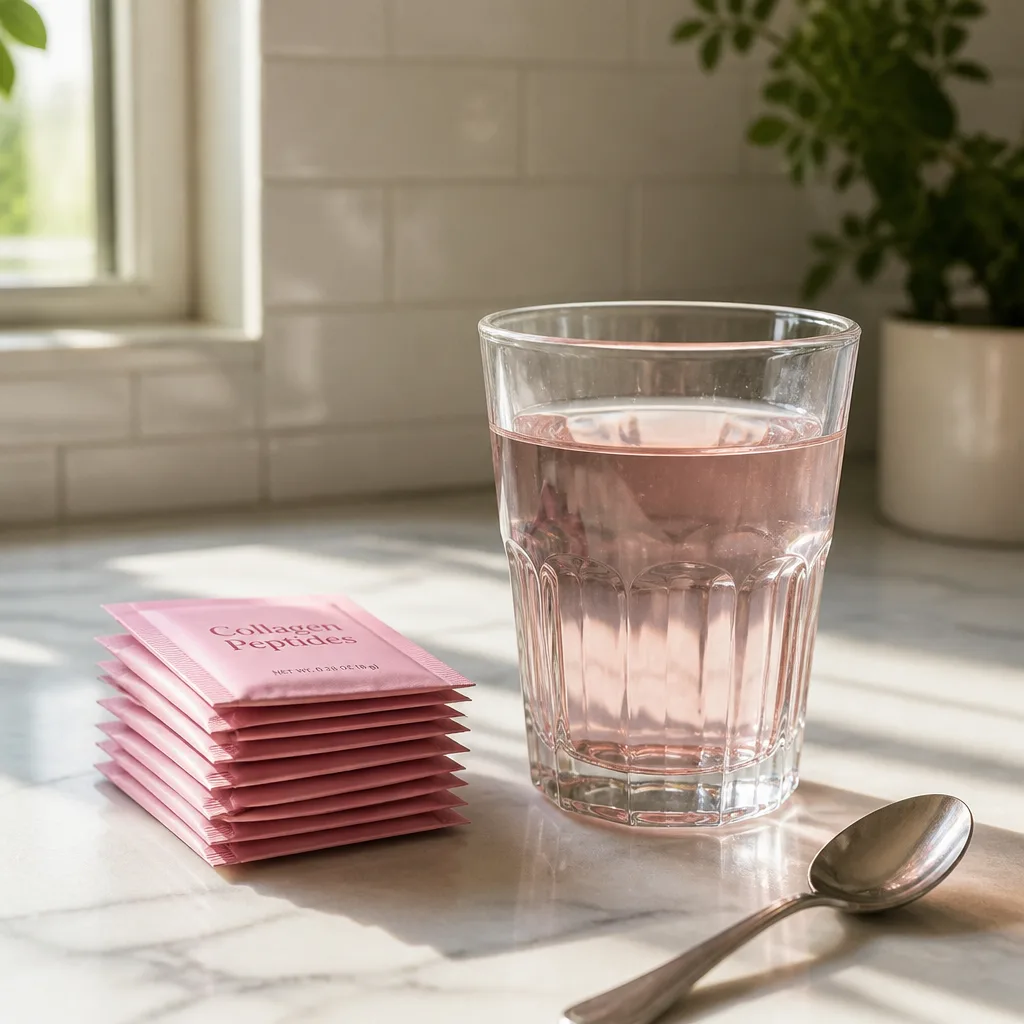 Marine Collagen Sachets — Single-serve sachets of marine collagen meant to be stirred into water or a morning drink, usually in a fruit flavour that actually