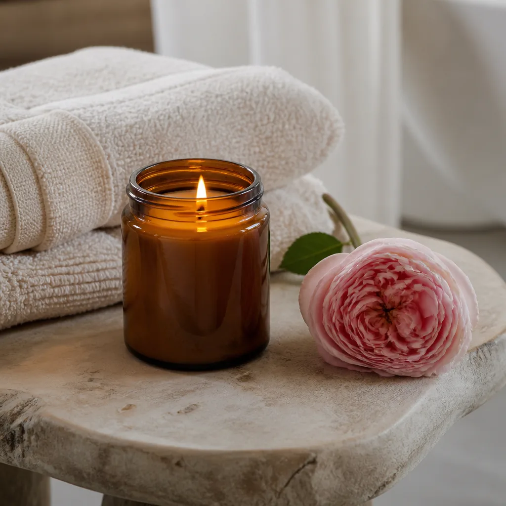 Massage Candle — A candle that melts into warm, skin-safe oil rather than ordinary wax, meant to be poured straight onto skin for a massage once lit for a