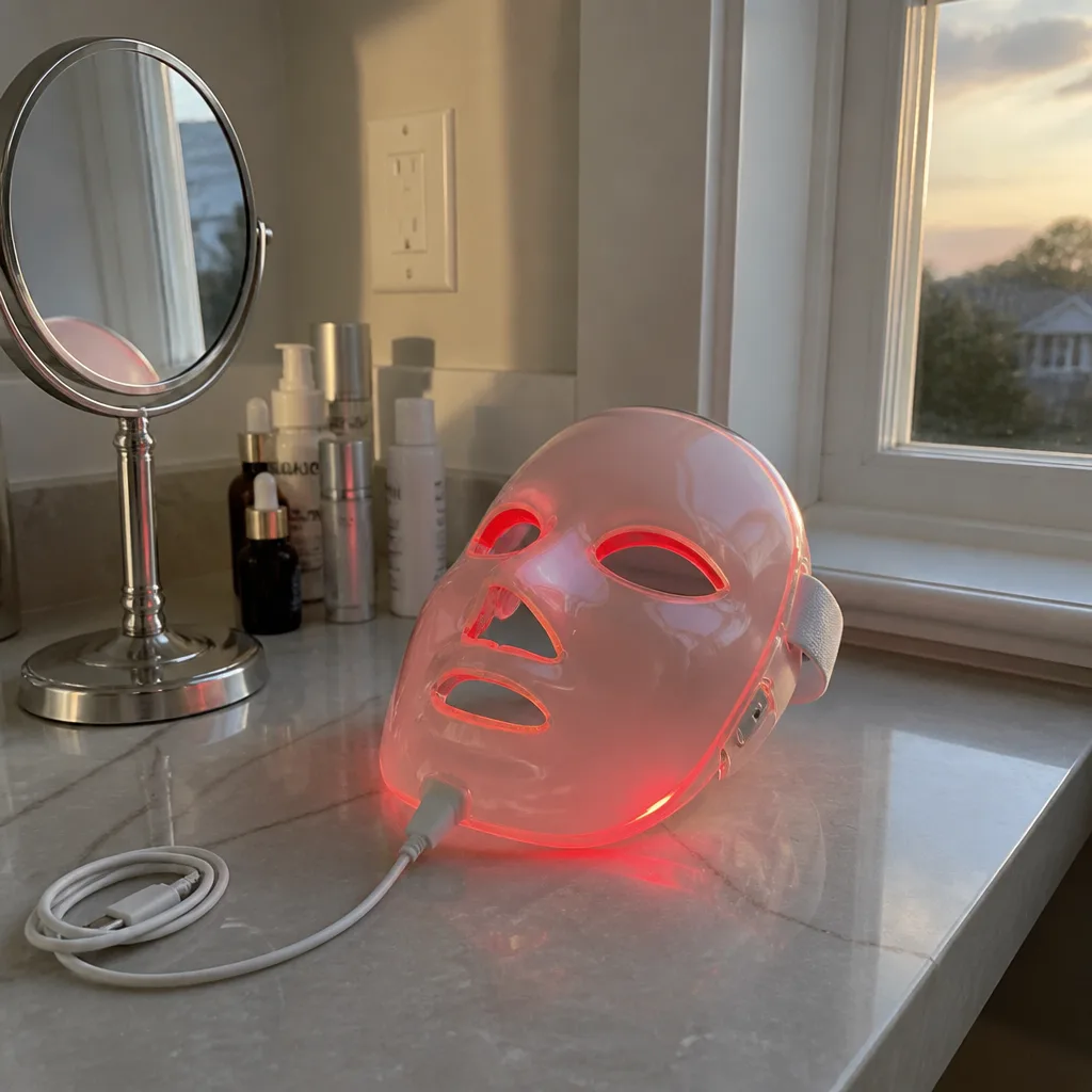 Red Light Therapy Face Mask — A flexible mask fitted with red and near-infrared light, worn for a set number of minutes as part of an evening routine.
