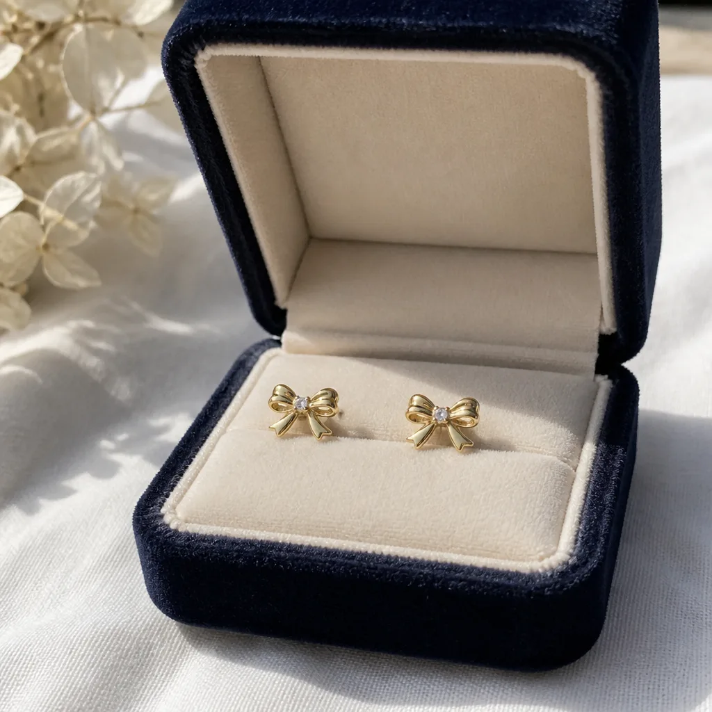 Ribbon Bow Stud Earrings — Tiny bow-shaped studs, some set with a small stone, soft and a little playful rather than overtly romantic. Valentine gifts for