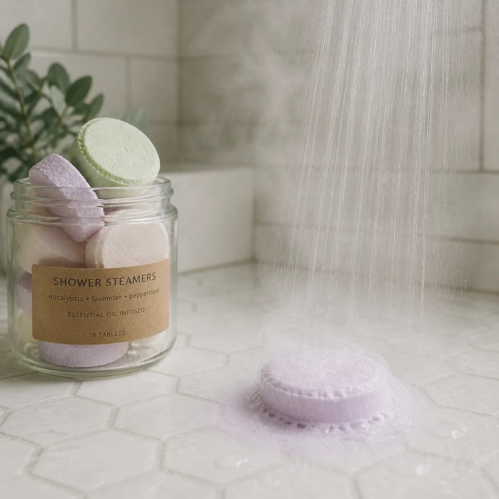 Shower Steamer Set — Small tablets that dissolve on the shower floor and release a wave of scent as the hot water hits them, no bathtub required. Valentine