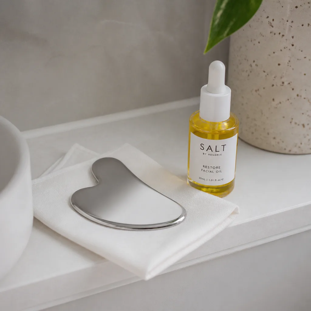 Stainless Steel Gua Sha Tool — A facial massage tool in polished steel rather than stone, cool against the skin and easy to wipe clean after every use.