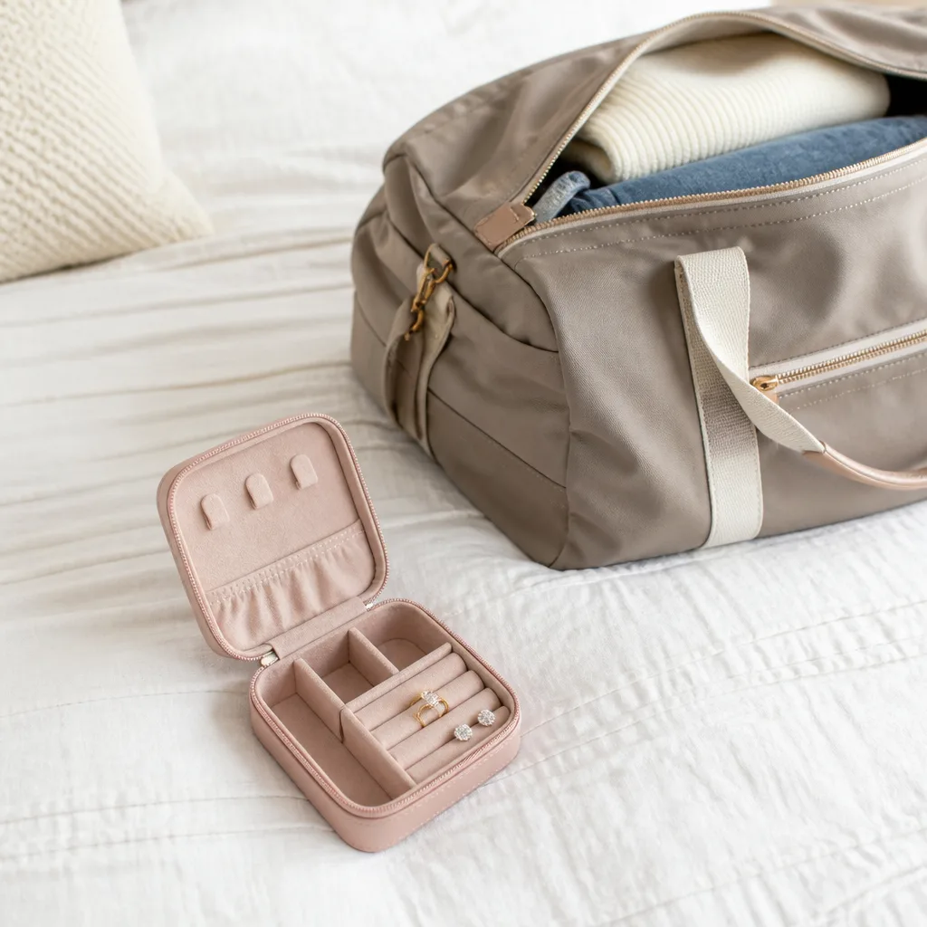 Travel Jewelry Case — A compact case with separate compartments for rings, earrings and a necklace or two, meant for a bag or a weekend suitcase. Valentine