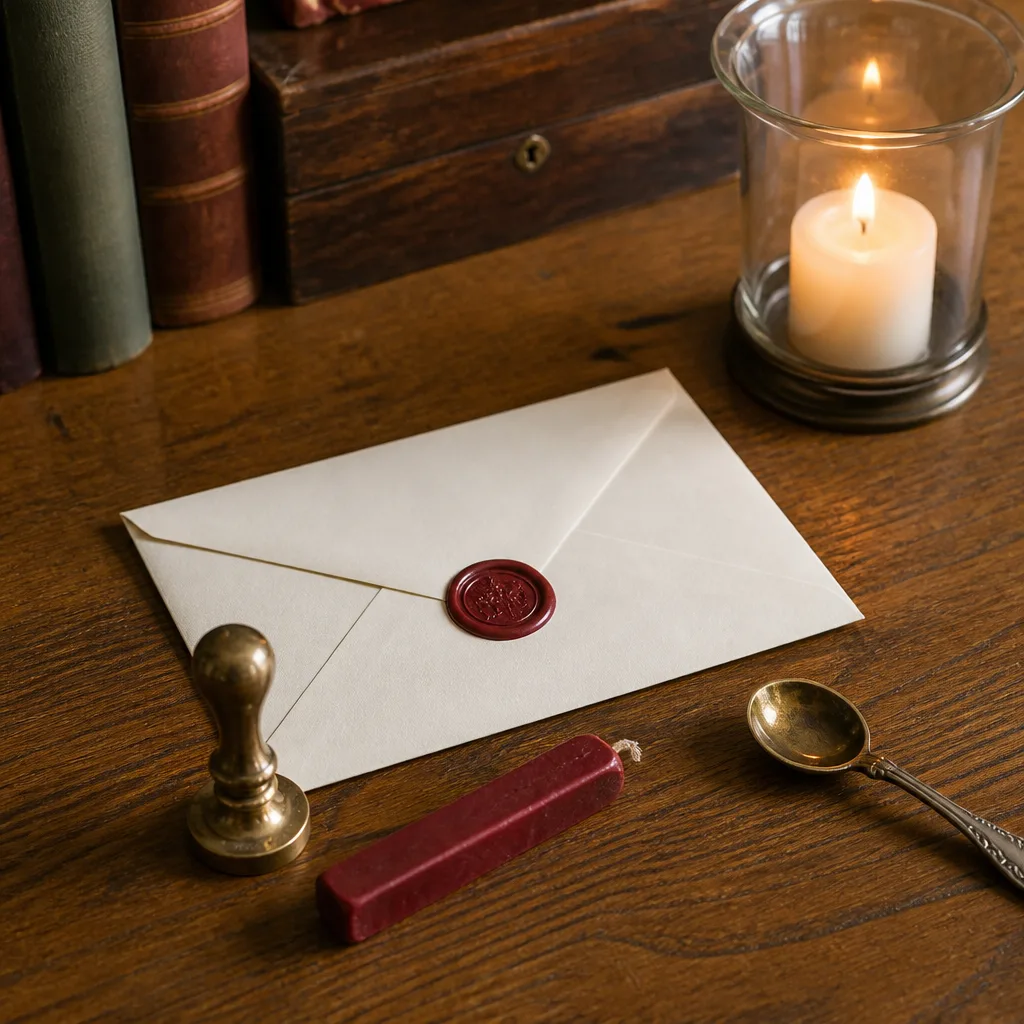 Wax Seal Stamp Kit — A small brass stamp, a stick of sealing wax and a spoon for melting it, meant for closing a handwritten card or a small gift box.