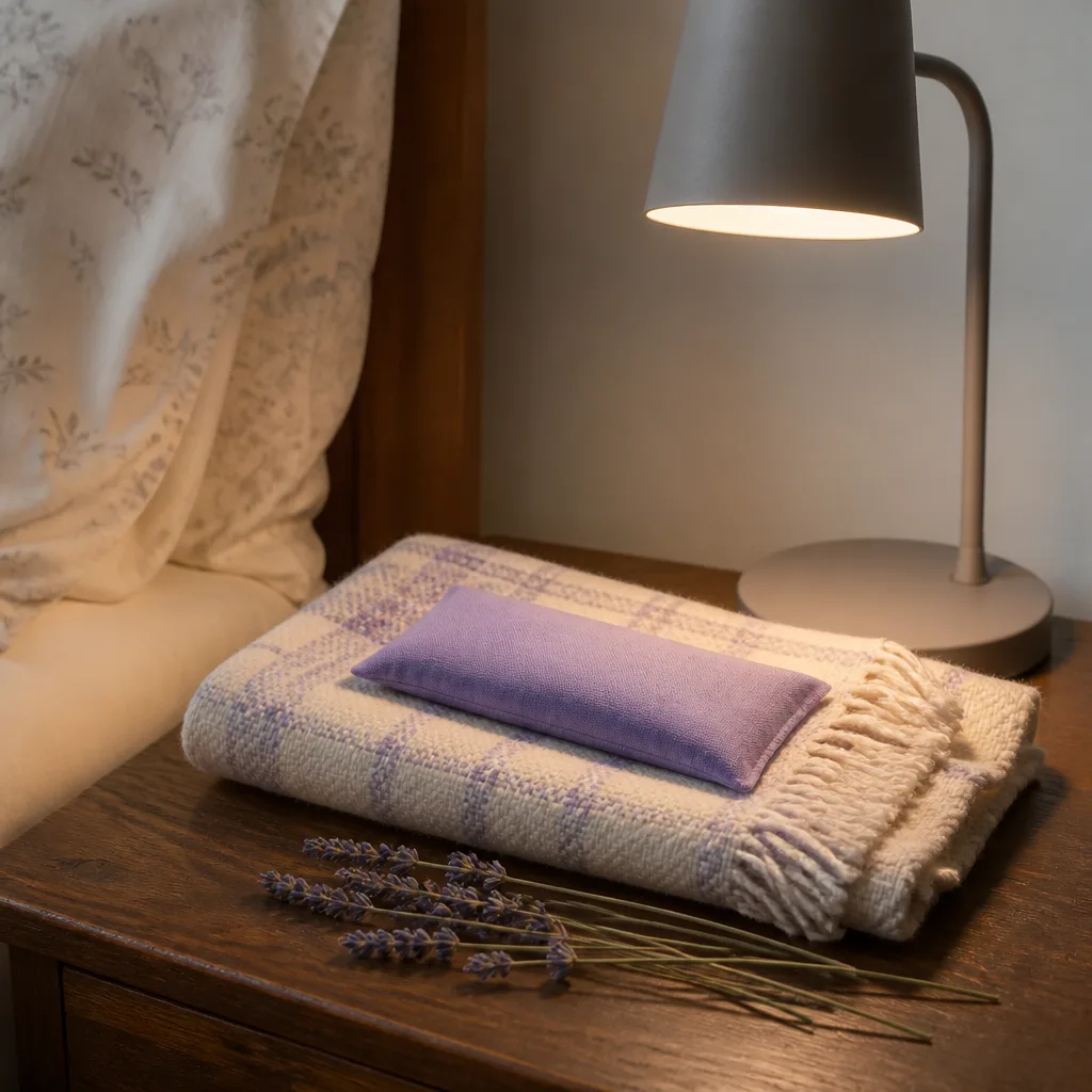 Weighted Lavender Eye Pillow — A small fabric pillow filled with flaxseed and dried lavender, meant to rest over closed eyes during a wind-down or a short nap.