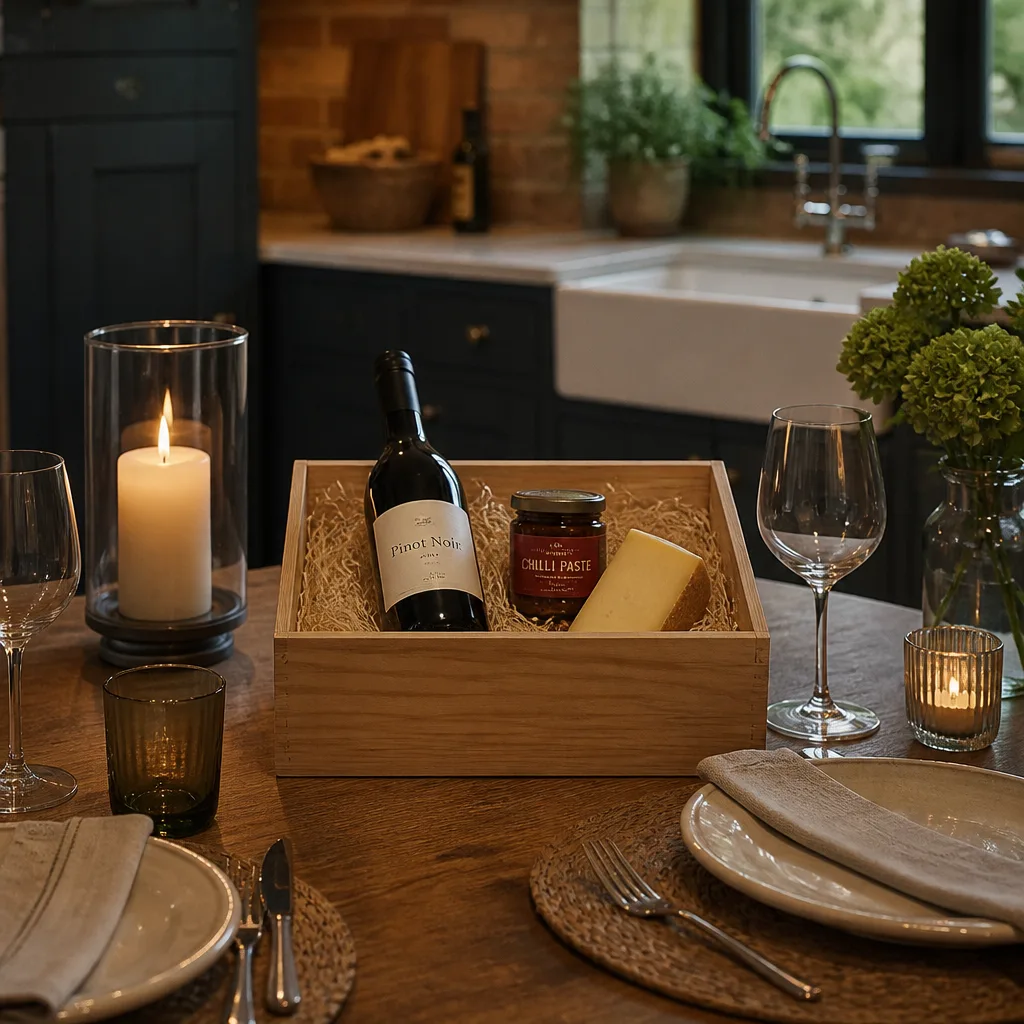 Wine and Chili Paste Hamper — A hamper pairing a bottle of wine with a jar of chili paste meant to be eaten with cheese, crackers or a simple pasta. Valentine