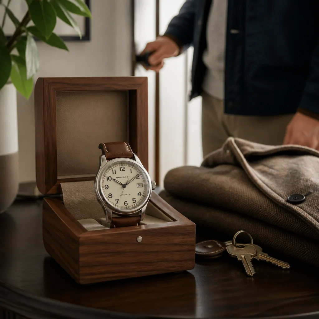 Automatic Field Watch — A self-winding watch that needs no battery, just the motion of his wrist through an ordinary day, paired with a sturdy dial and a